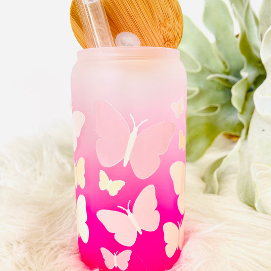 Butterfly | 16oz Double Walled Snow Globe Glass Can, Bamboo Lid & Straw | Three in One