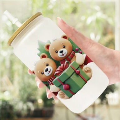 Festive Christmas Glass Can | 16OZ | Bamboo Lid and Straw