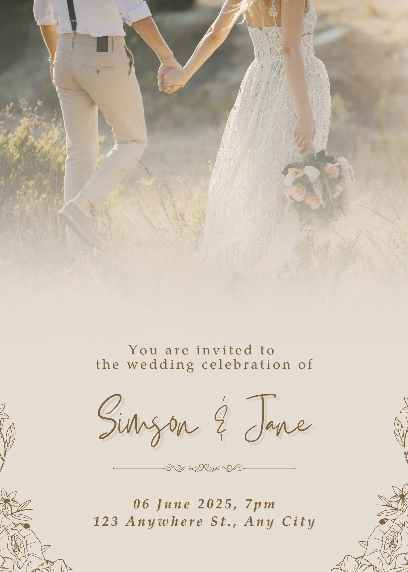 25 X Beige and Brown Elegant Wedding Invitation