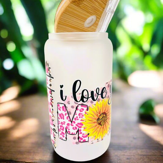 I Love You Mom | 16OZ Frosted Glass Cup, Bamboo Lid & Straw | Three in One