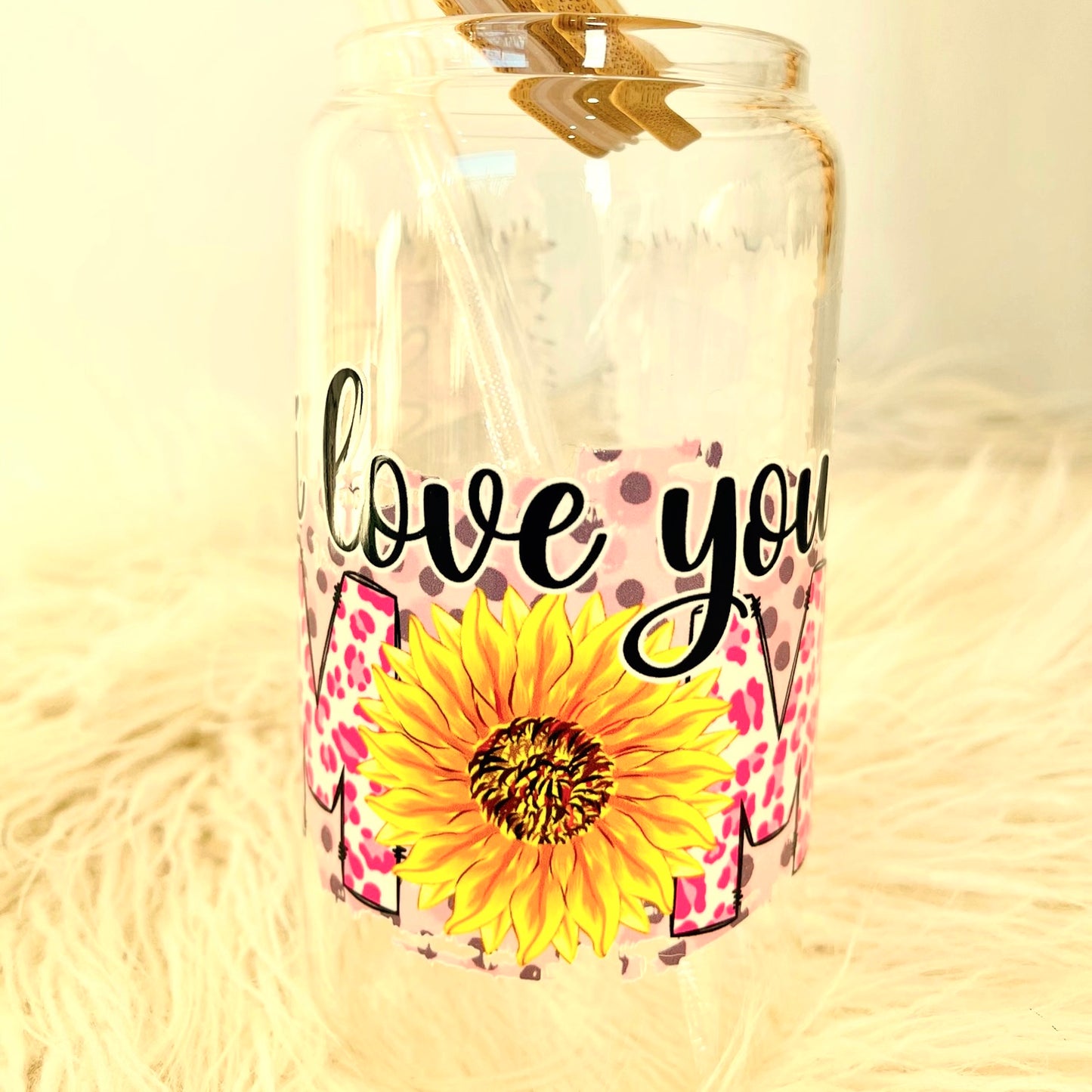 I Love You Mom 16oz Clear Glass Can with Bamboo Lid & Straw