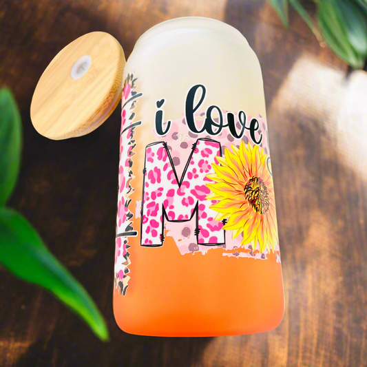 I Love You Mom | 16oz Double Walled Glass Can Bamboo Lid & Straw | Three in One